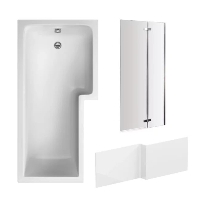 Nuie 1700mm L Shaped Shower Bath Right Hand, Chrome Hinged Glass Screen and Panel