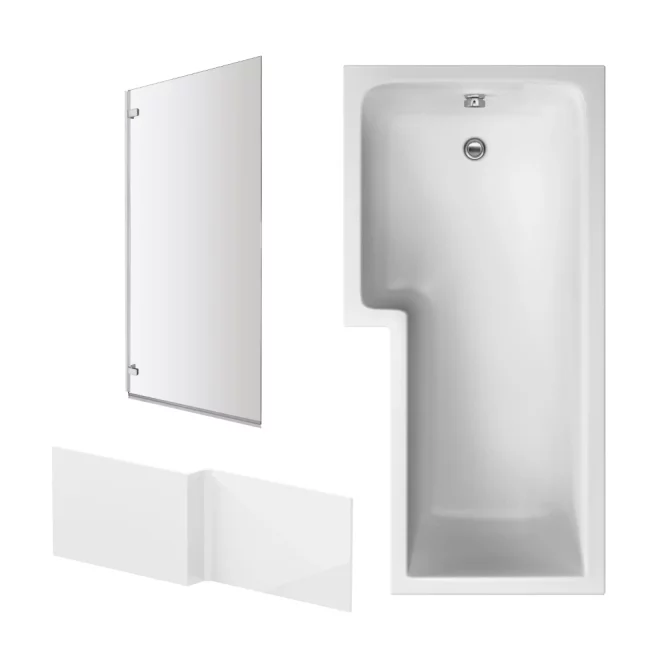 Nuie 1700mm Square Shaped Left Hand Shower Bath, Glass Screen and Panel