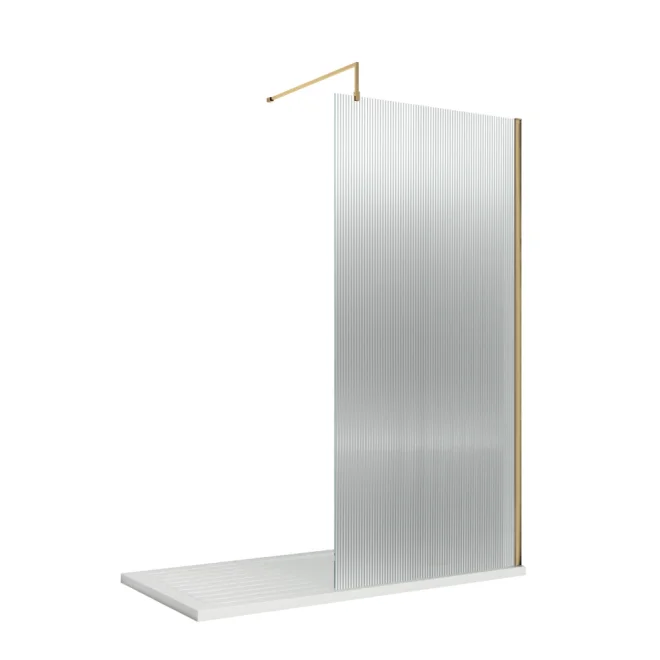 Nuie 800mm Fluted Wetroom Screen With Brushed Brass Support Bar