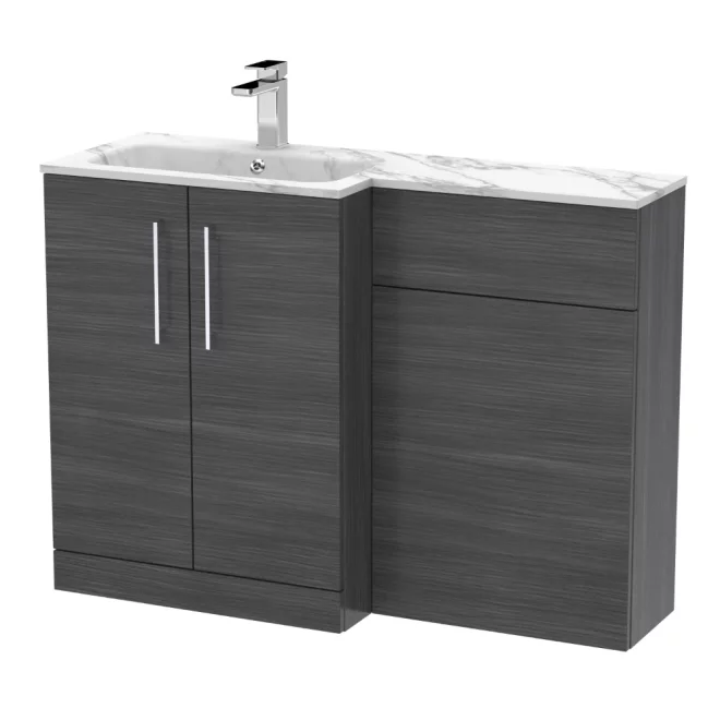 Nuie Arno Anthracite 1100mm L Shape Vanity Basin & WC Unit Set With Marble Effect Basin