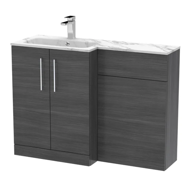 Nuie Arno Anthracite 1100mm L Shape Vanity Basin & WC Unit Set With Marble Effect Basin
