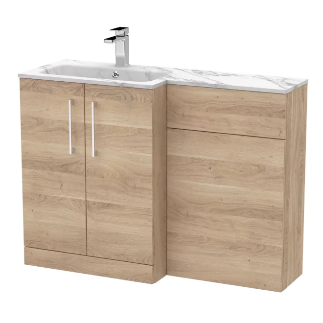 Nuie Arno Bleached Oak 1100mm L Shape Vanity Basin & WC Unit Set With Marble Effect Basin