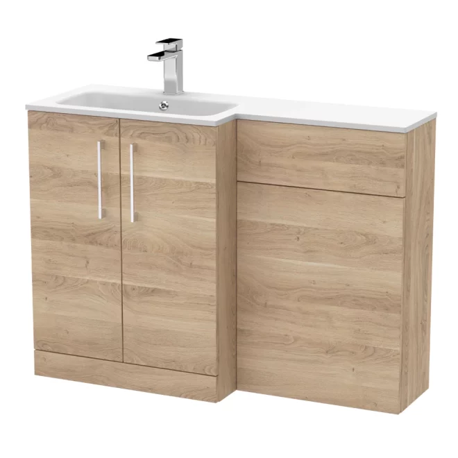 Nuie Arno Bleached Oak 1100mm L Shape Vanity Basin & WC Unit Set With Stone Basin
