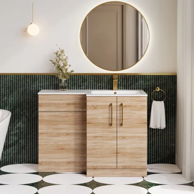 Nuie Arno Bleached Oak Right Hand Floor Standing Unit and Stone Basin