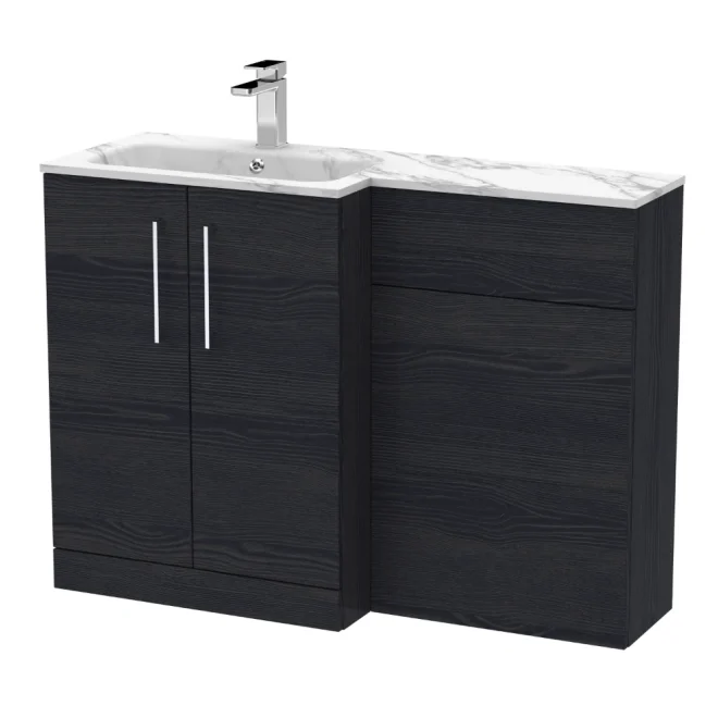 Nuie Arno Charcoal Black 1100mm L Shape Vanity Basin & WC Unit Set With Marble Effect Basin