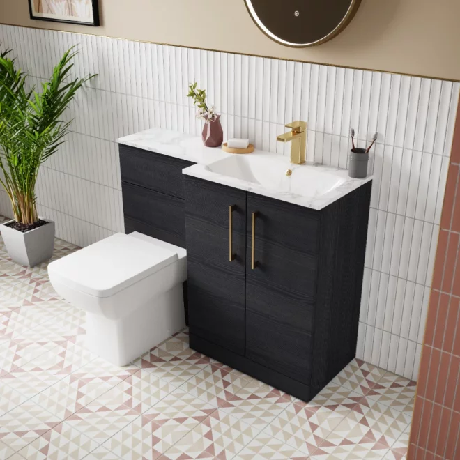 Nuie Arno Charcoal Black Right Hand Floor Standing Unit and Marble Effect Basin