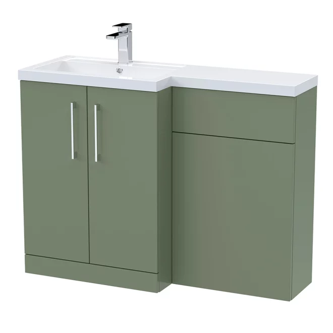Nuie Arno Satin Green 1100 L Shape Vanity Basin & WC Unit Set With Polymarble Basin