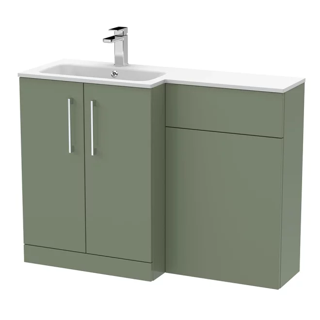 Nuie Arno Satin Green 1100 L Shape Vanity Basin & WC Unit Set With Stone Basin