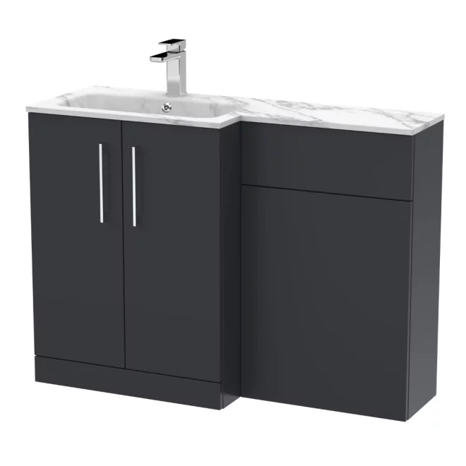 Nuie Arno Soft Black 1100mm L Shape Vanity Basin & WC Unit Set With Marble Effect Basin