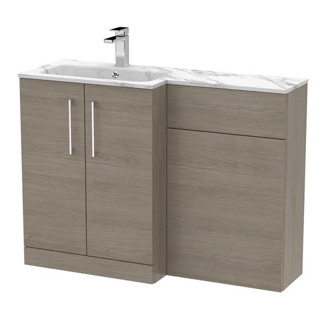 Nuie Arno Solace Oak 1100 L Shape Vanity Basin & WC Unit Set With Stone Basin