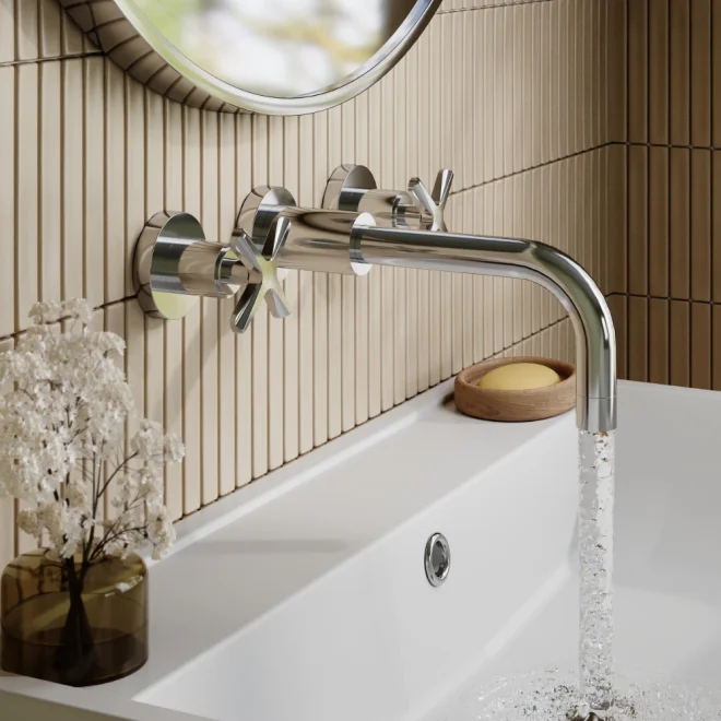 Nuie Aztec Chrome 3 Tap Hole Wall Mounted Basin Mixer Tap
