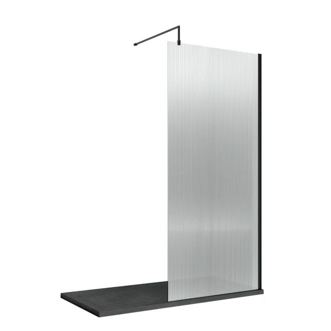 Nuie Fluted 1000mm Black Wetroom Screen with Support Bar