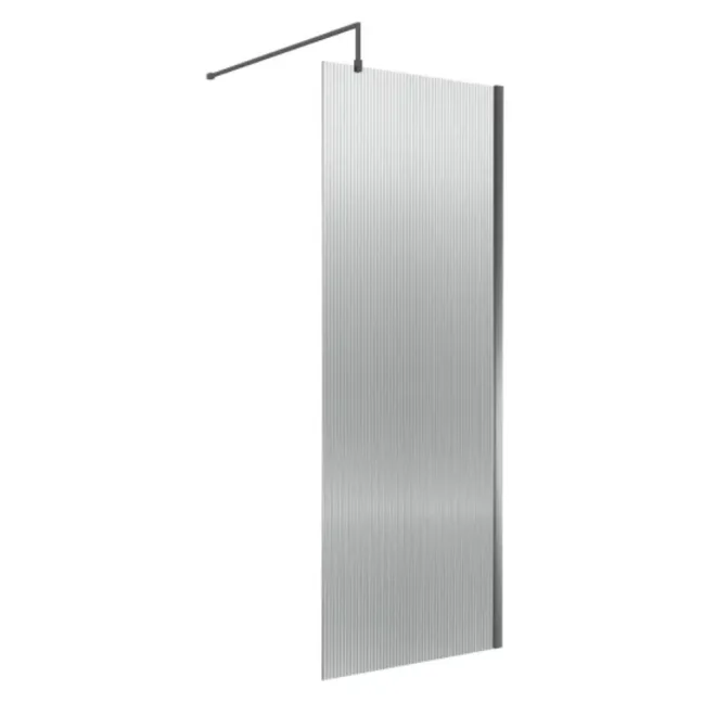 Nuie Fluted Brushed Pewter 800mm Wetroom Screen with Support Bar
