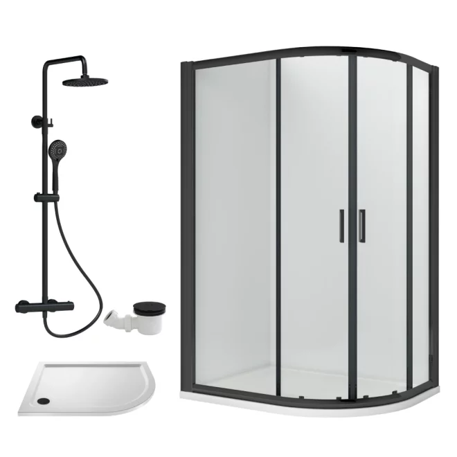Nuie Rene Black 1000 x 800mm Right Hand Offset Quadrant Enclosure, Tray, Thermostatic Shower & Waste