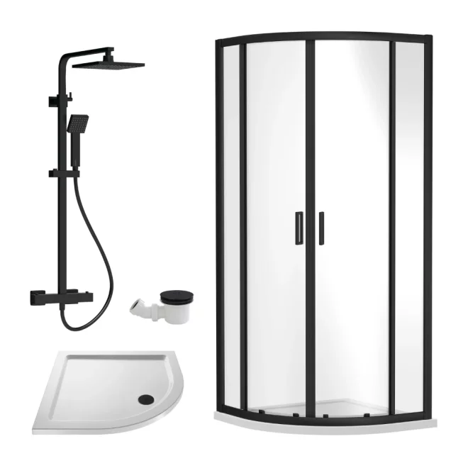 Nuie Rene Black 900mm Quadrant Enclosure, Thermostatic Shower, Tray and Waste
