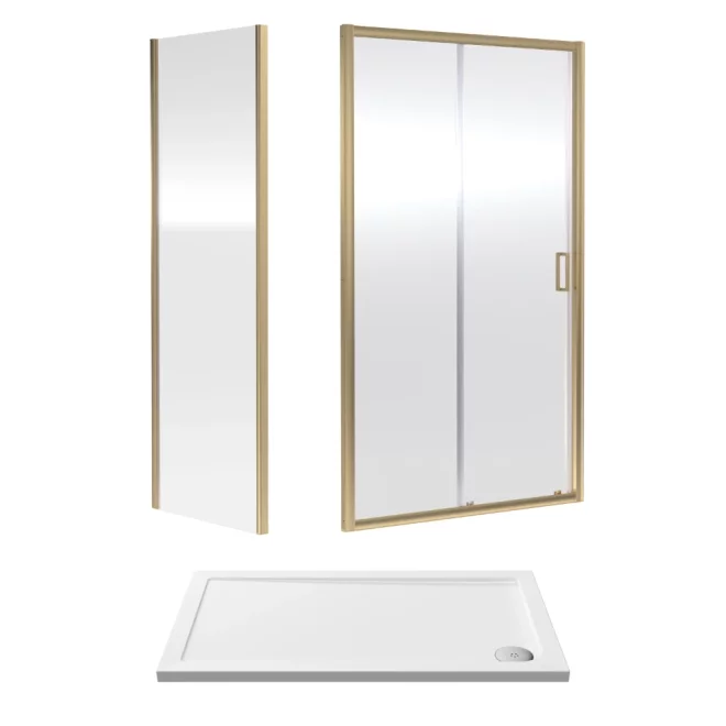 Nuie Rene Brushed Brass 1200 x 700mm Sliding Shower Door Enclosure inc Side Panel and Tray