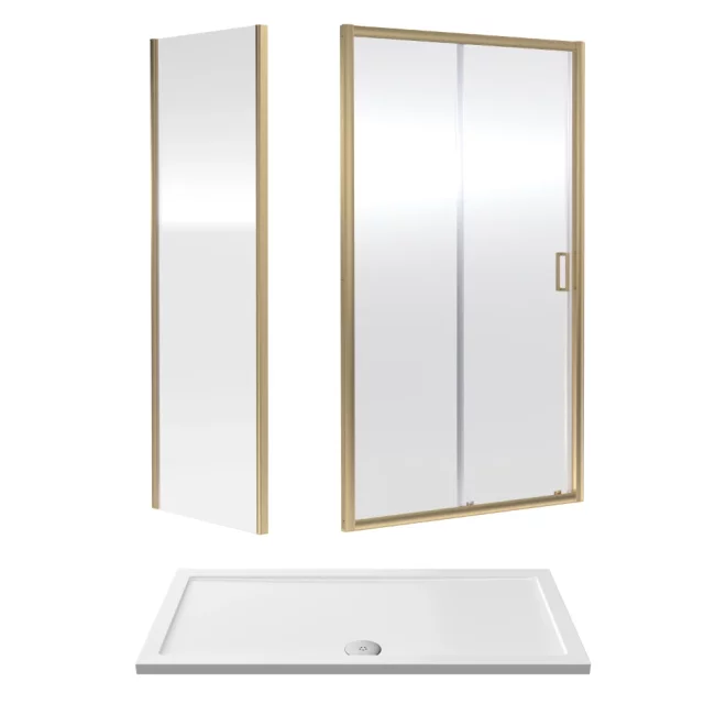 Nuie Rene Brushed Brass 1400 x 700mm Sliding Shower Door Enclosure inc Side Panel and Tray
