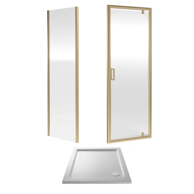 Nuie Rene Brushed Brass 800mm Pivot Shower Door Square Enclosure inc Side Panel & Tray