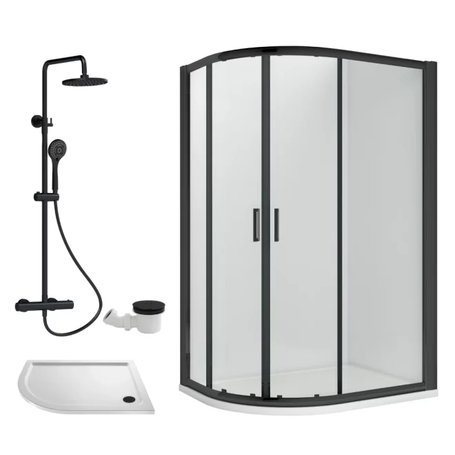 Nuie Rene Matt Black 1000 x 800mm Left Hand Offset Quadrant Enclosure, Thermostatic Shower & Tray