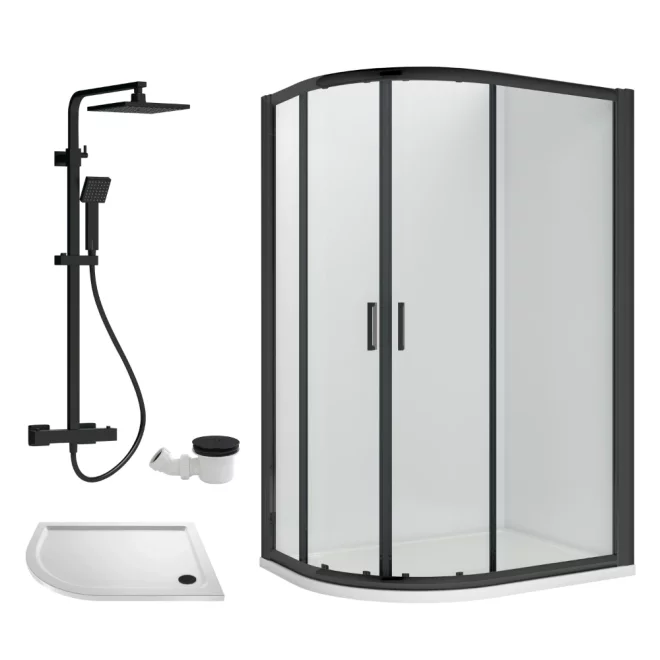 Nuie Rene Matt Black 1000 x 800mm Left Hand Offset Quadrant Enclosure, Tray, Thermostatic Shower & Waste