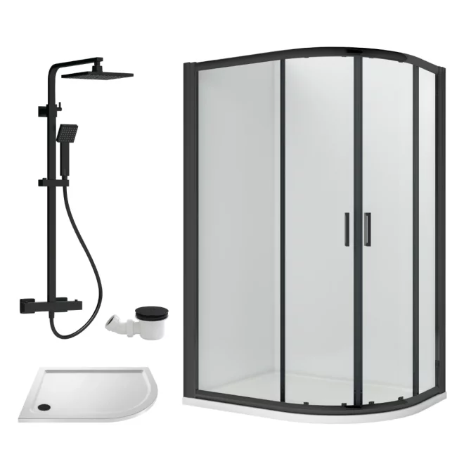 Nuie Rene Matt Black 1000 x 800mm Right Hand Offset Quadrant Enclosure, Tray, Thermostatic Shower & Waste