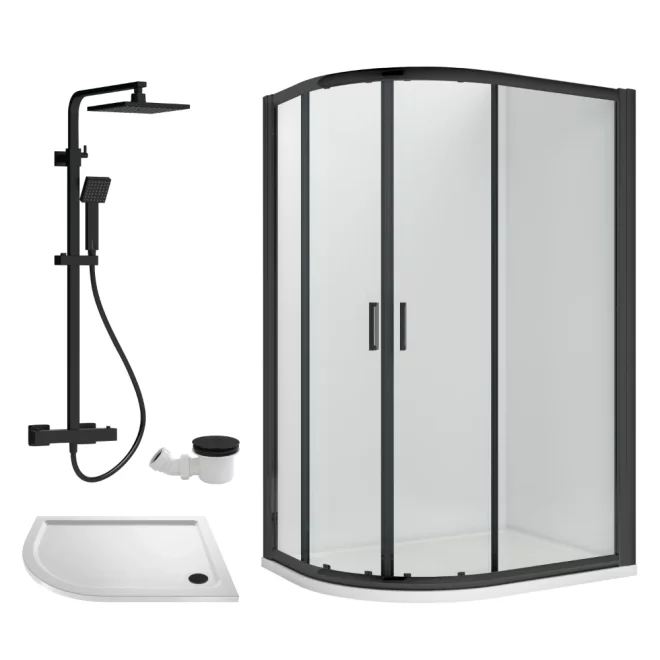 Nuie Rene Matt Black 1200 x 800mm Left Hand Offset Quadrant Enclosure, Tray, Thermostatic Shower & Waste