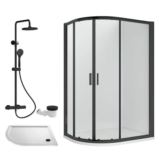 Nuie Rene Matt Black 1200 x 800mm Left Hand Offset Quadrant Enclosure, Tray, Thermostatic Shower Valve