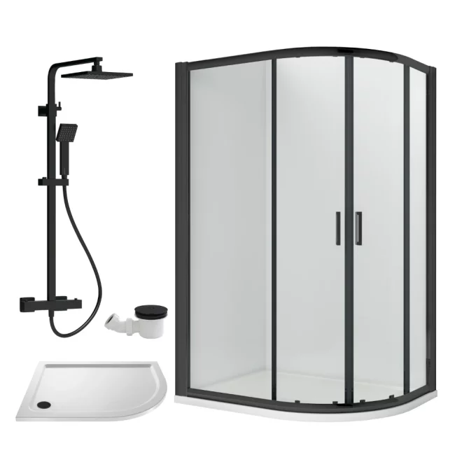 Nuie Rene Matt Black 1200 x 800mm Right Hand Offset Quadrant Enclosure, Tray, Square Shower Valve