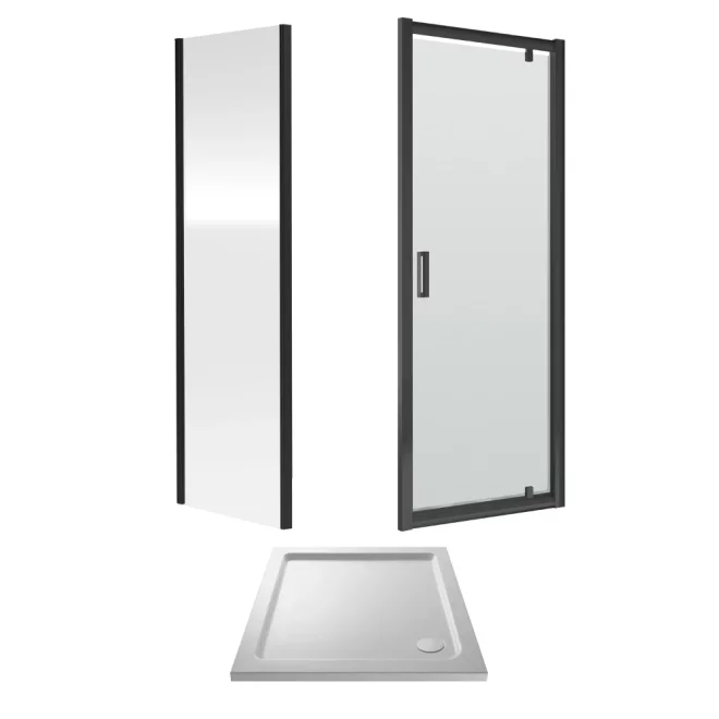 Nuie Rene Matt Black 760mm Pivot Shower Door Square Enclosure inc Side Panel & Tray