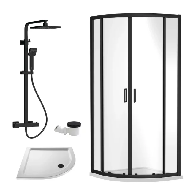 Nuie Rene Matt Black 800mm Quadrant Enclosure, Tray, Thermostatic Shower & Waste
