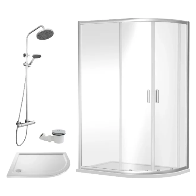 Nuie Rene Chrome 1200 x 800mm Right Hand Offset Quadrant Enclosure, Tray, Thermostatic Shower & Waste
