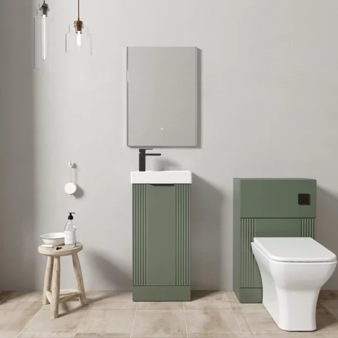 Nuie Floor Standing Satin Green Fluted Cloakroom Suite