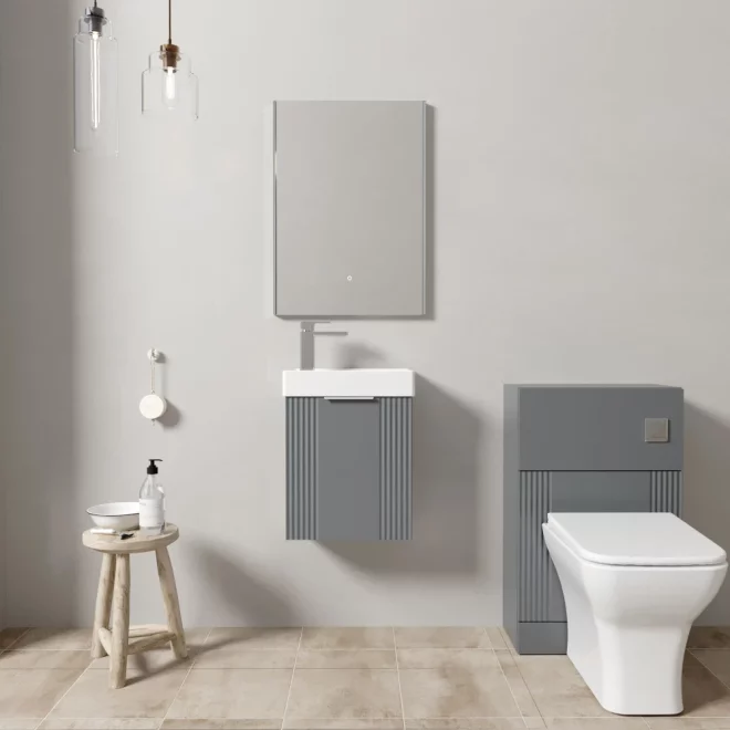 Nuie Deco Wall Hung Satin Grey Fluted Cloakroom Suite