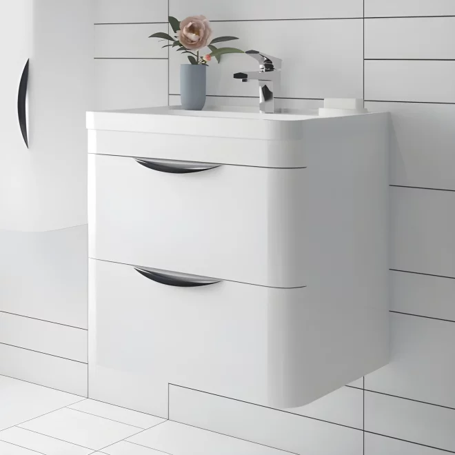 Nuie Parade 600mm White Wall Mounted Two Drawer Vanity Unit with Ceramic Basin