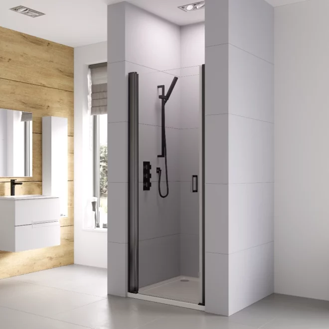 Roman Haven6 Matt Black 900mm Alcove Fitting Frameless Pivot Shower Door