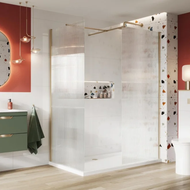 Lancia S8 Fluted Glass Wetroom Panel With Brushed Brass Profile Pack
