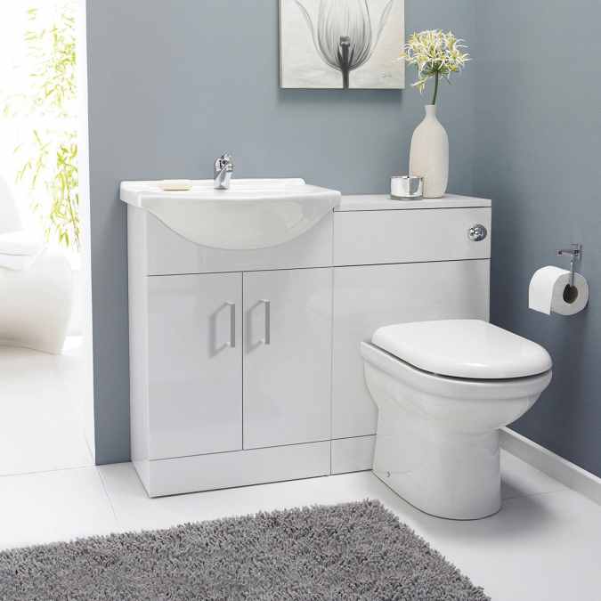 Classic White Gloss Bathroom Furniture Pack Inc Cistern, Toilet Pan, Seat & Round Basin - Nuie