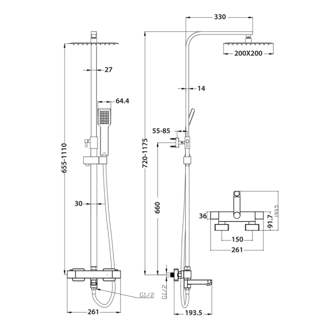 Scudo Block Square Rigid Riser Shower With Bath Filler