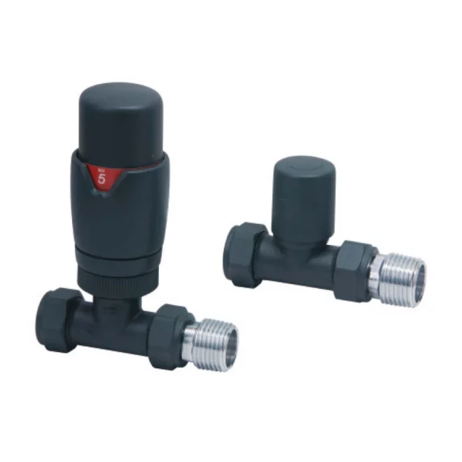 Scudo Carbon Anthracite Straight Thermostatic Radiator Valves Twin Pack