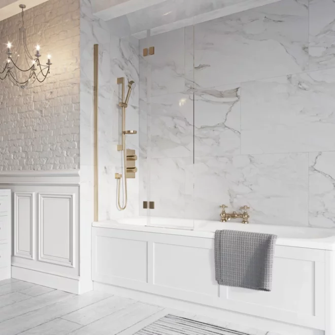 Scudo Thalia 1500x900mm Brushed Brass Inward Opening Bath Screen