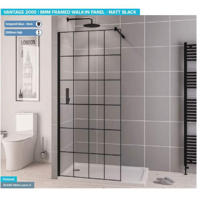 Vantage 2000, 500mm Matt Black Framed Walk In Shower Screen - Eastbrook