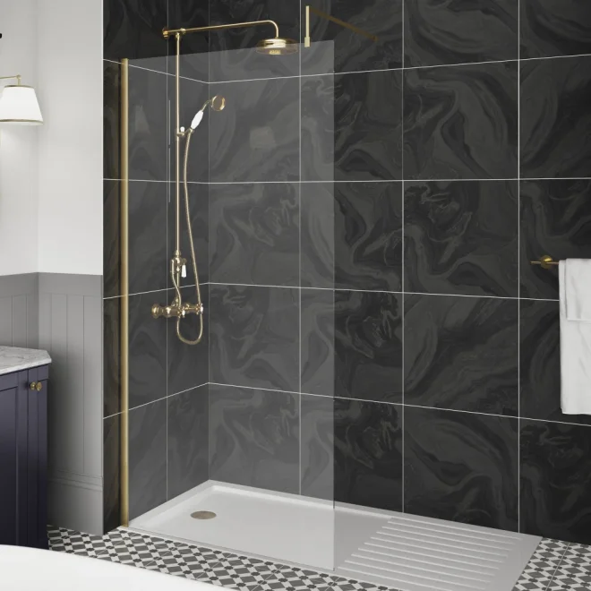 Nuie Wetroom Screen With Brushed Brass Profile and Support Bar