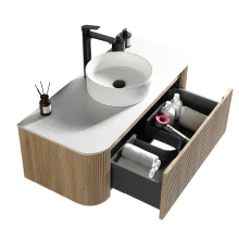 Flauto Curve Country Oak Fluted 870mm Wall Hung Vanity Unit With Matte Basin