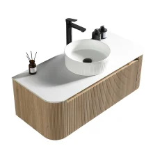 Flauto Curve Country Oak Fluted 1070mm Wall Hung Vanity Basin Unit With Countertop