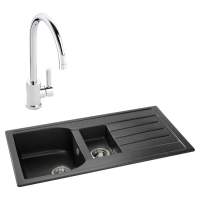 Abode Oriel 1.5 Bowl Inset Black Granite Kitchen Sink & Atlas Tap Pack