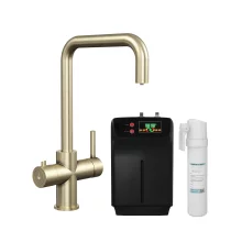 Caliente 3 in 1 Brushed Brass Square Spout Boiling Water Tap Inc Filter & Boiler