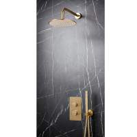 Scudo Core Brushed Brass Round Handle, Head & Handset Riser Shower Kit