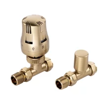 ECO Brushed Brass Straight TRV Thermostatic Radiator Valve & Lock Shield
