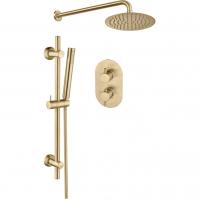Shower Pack in Brushed Brass with Round Concealed Valve, Fixed Overhead Shower and Rail Kit with Handset