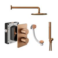 Abacus Shower Pack 6 Round Fixed Shower Head With Handset, Holder And Overflow Filler - Brushed Bronze